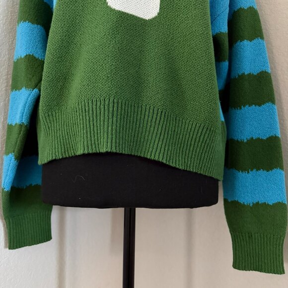 ZARA Mushroom Toadstool Blue Green Striped Check Quirky Indie Sweater Medium - Picture 10 of 15
